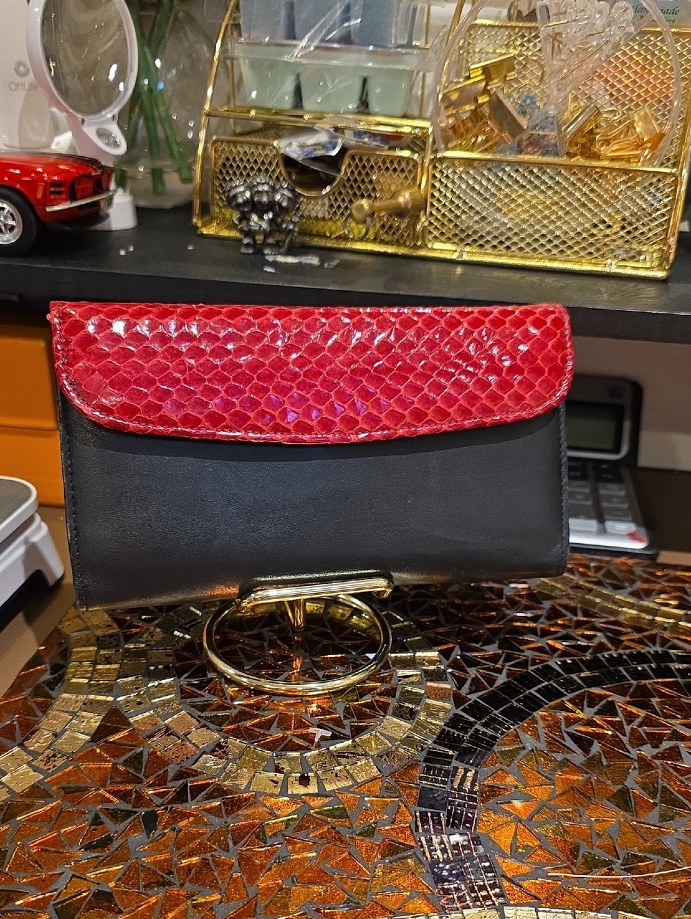 Black Leather Wallet with Red Textured Flap